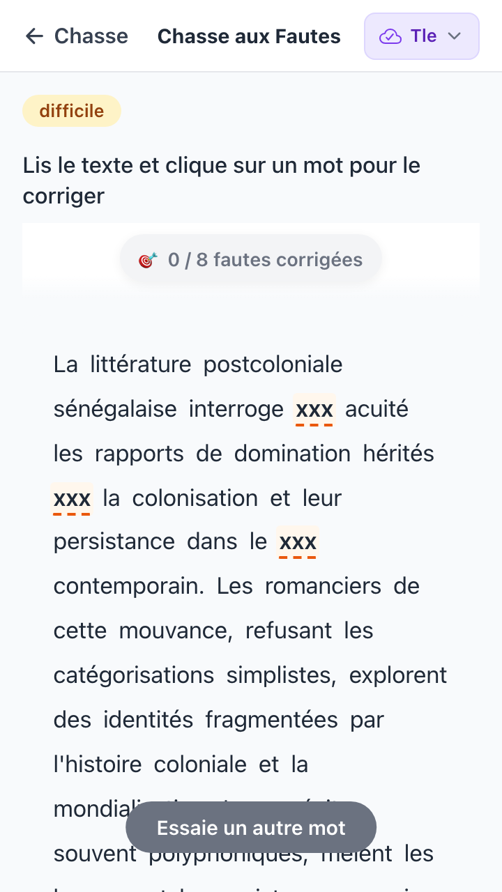 Chasse aux fautes Anta en cours de résolution avec mots marqués
