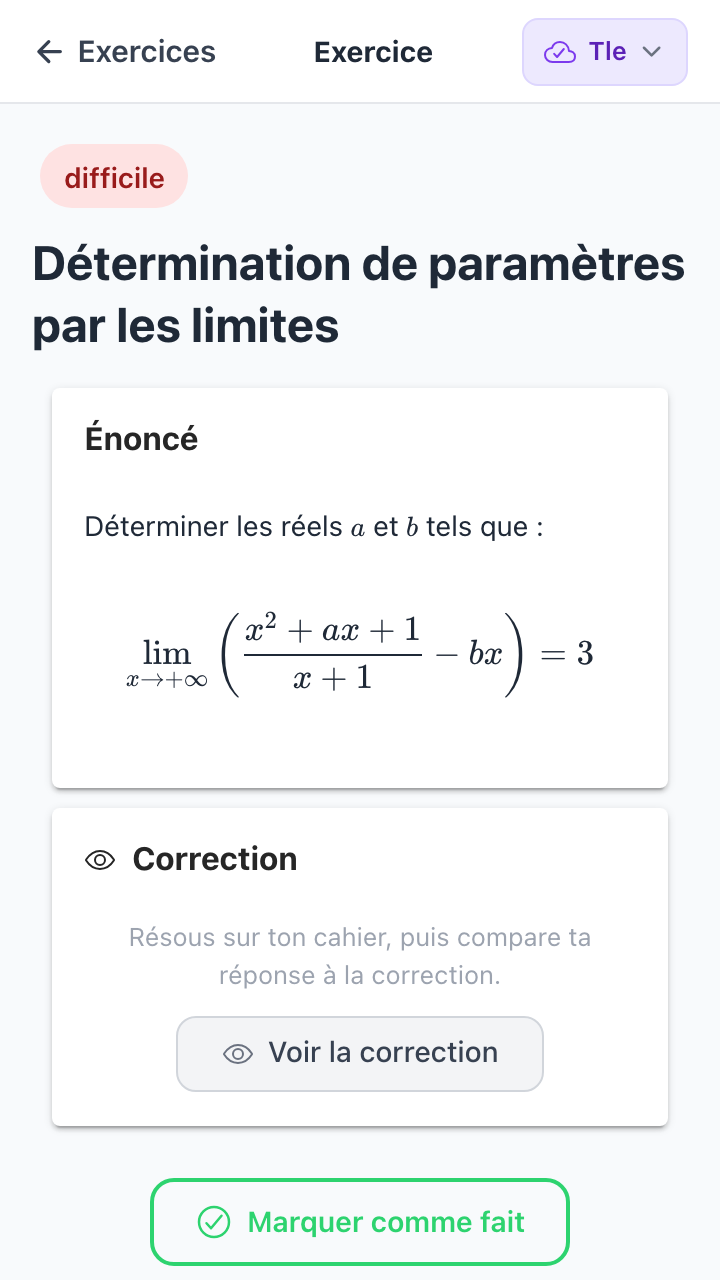 Exercice de maths Tle sur les limites avec formule LaTeX