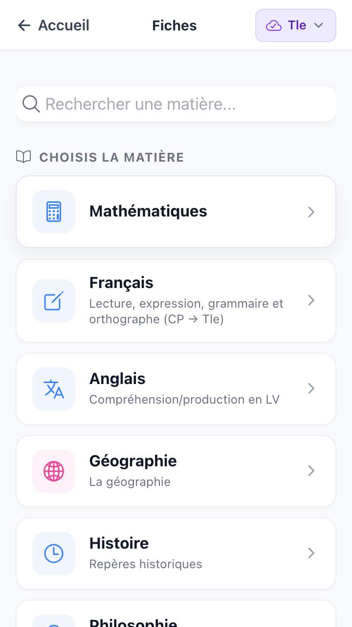 Liste des matières fiches Anta : Maths, Français, Anglais, Histoire, Géo, Philo