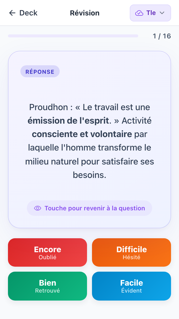 Carte de flashcard Anta retournée avec la réponse révélée et boutons d'auto-évaluation