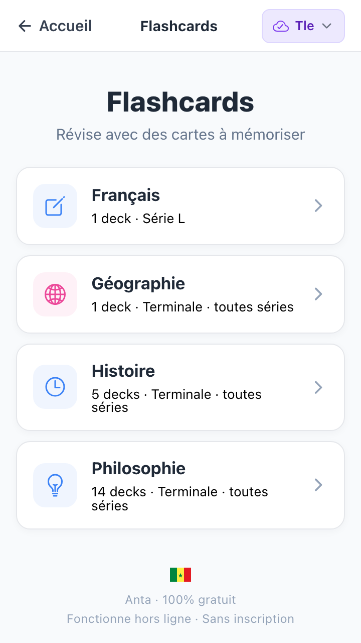 Liste des decks de flashcards Anta pour Terminale (philo, histoire, géo)