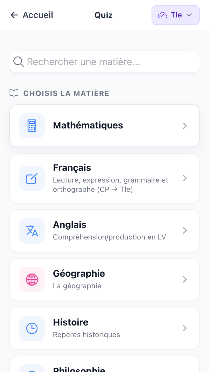 Liste des matières quiz Anta : Maths, Français, Anglais, Histoire, Géo, Philosophie